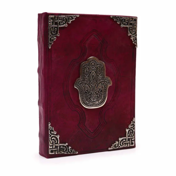 Červený Zápisník z Hrubé Kůže - Zinkový Dekor - Hamsa - 200 Stran s Ozdobním Okrajem - 26x18cm