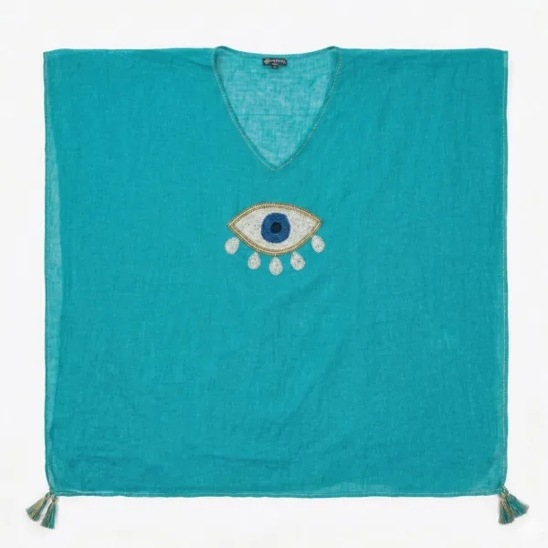 Nomad Sari On the Med Collection - Kaftan - tyrkysový s velkým zlatým a bílým okem