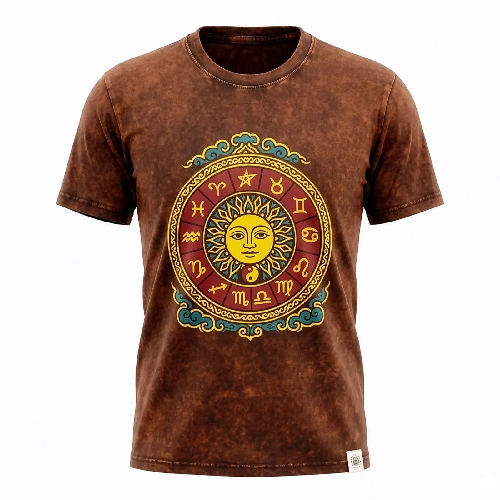 Nomad Sari Stonewash Bavlněné Tričko - Slunce a Zodiak - Hnědé - Velikost L