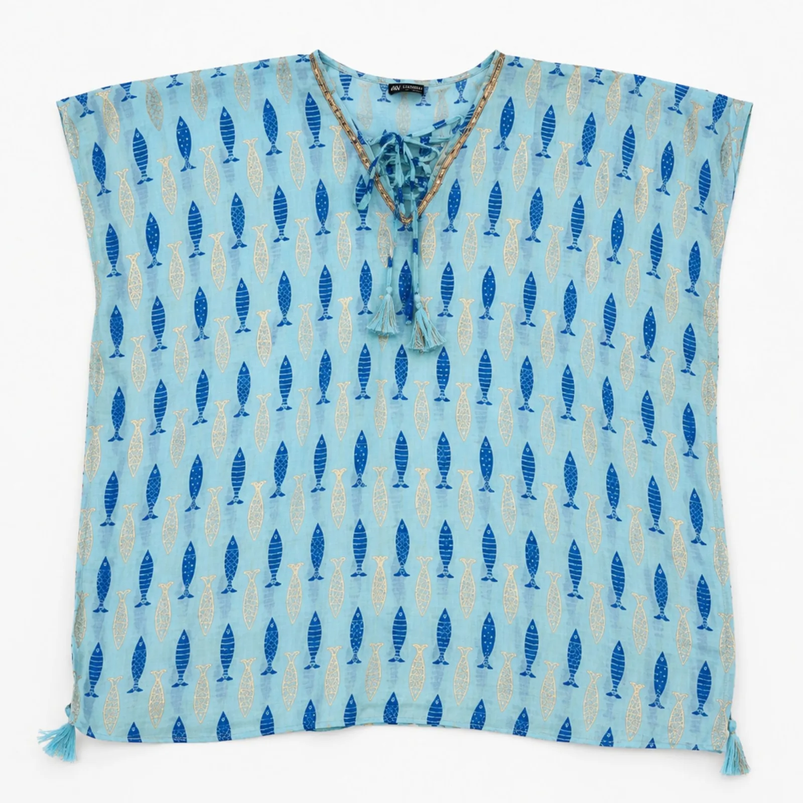 Nomad Sari v Med Collection - Kaftan - Tyrkysová a modrá, výrazný rybí tisk