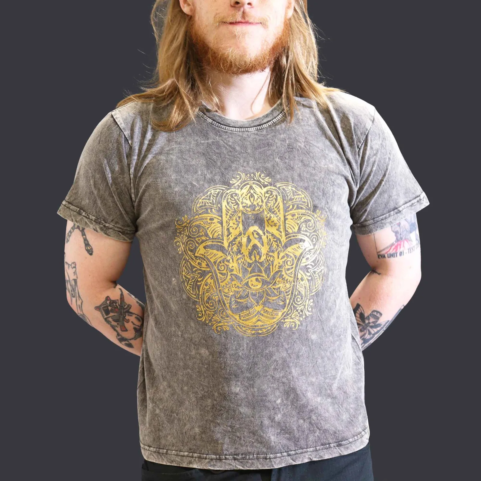 Velké Stone Washed Tričko - Hamsa - Tmavě Šedé