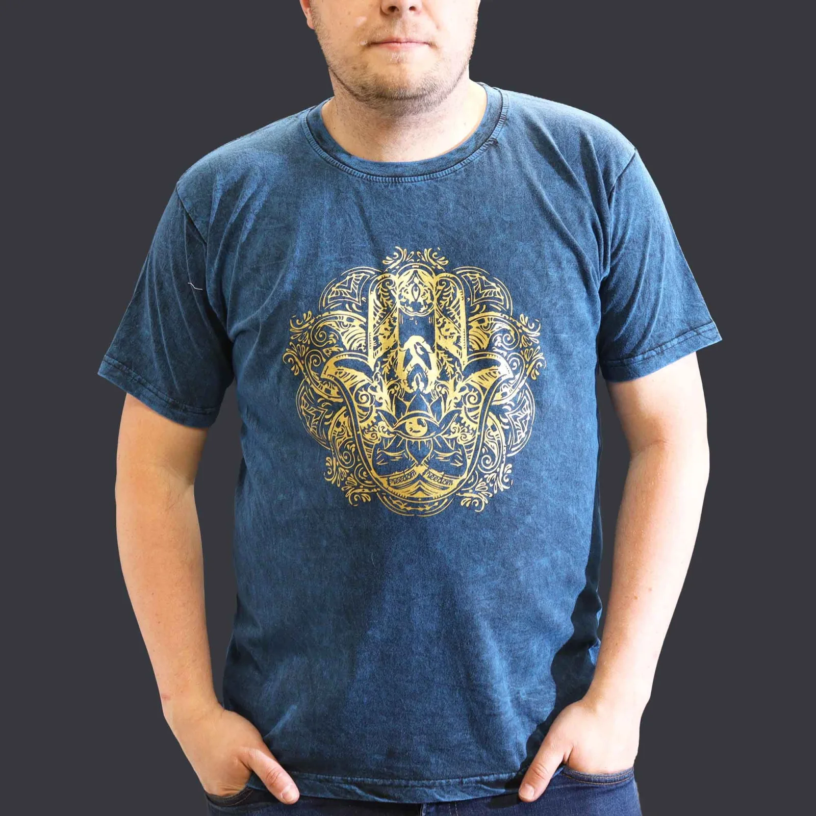 Extra Velké Stone Washed Tričko - Hamsa - Modré