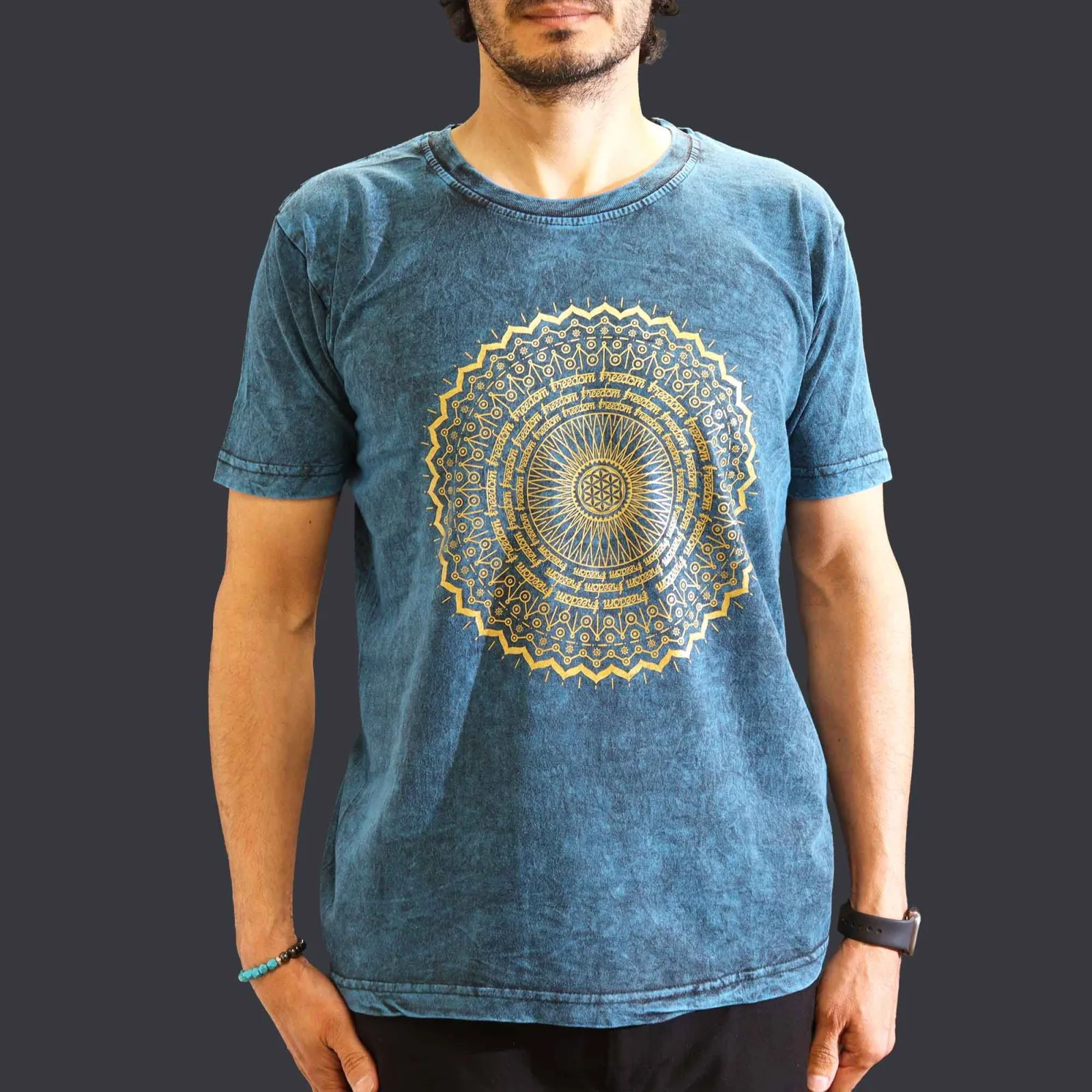 Střední Stone Washed Tričko - Mandala - Modré