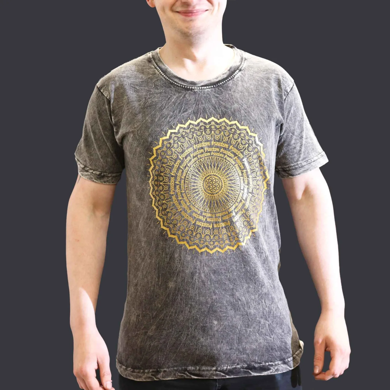 Malé Stone Washed Tričko - Mandala - Tmavě Šedé
