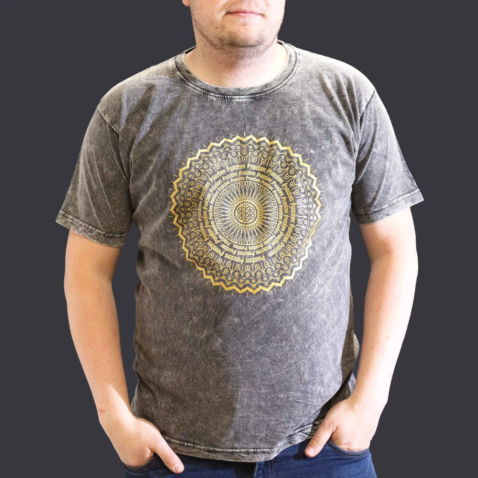Extra Velké Stone Washed Tričko - Mandala - Tmavě Šedé