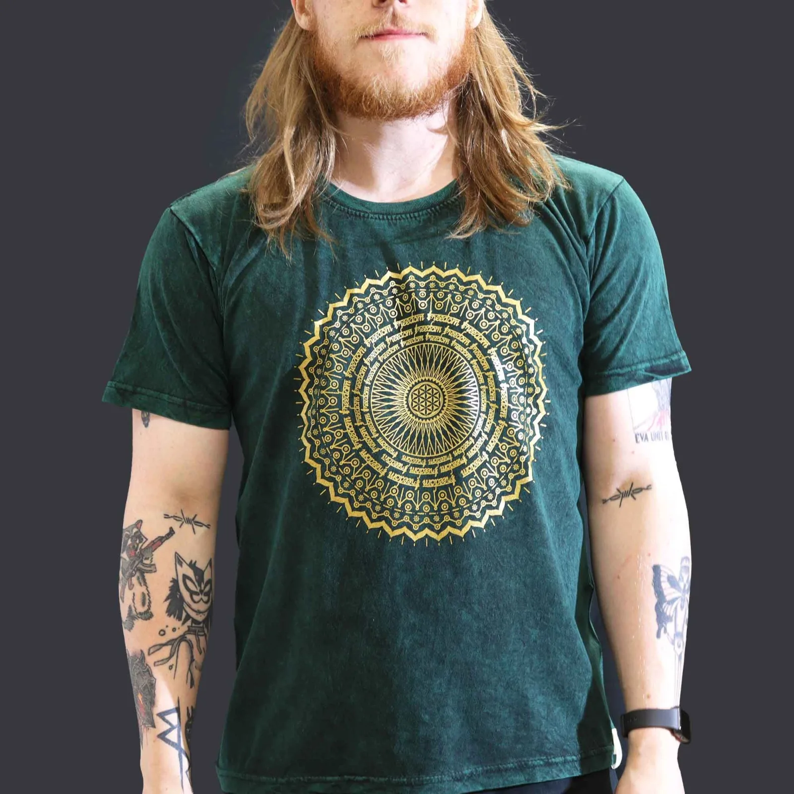 Velké Stone Washed Tričko - Mandala - Zelené
