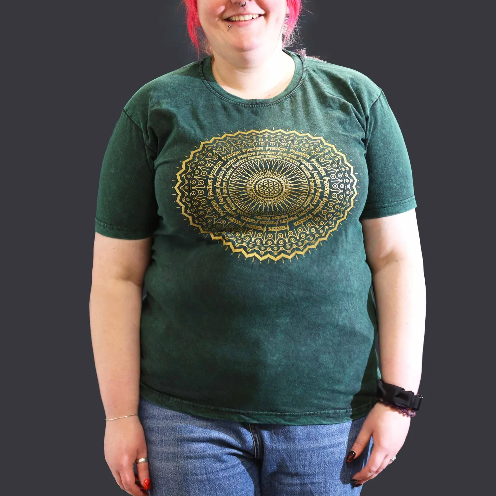 Extra Velké Stone Washed Tričko - Mandala - Zelené
