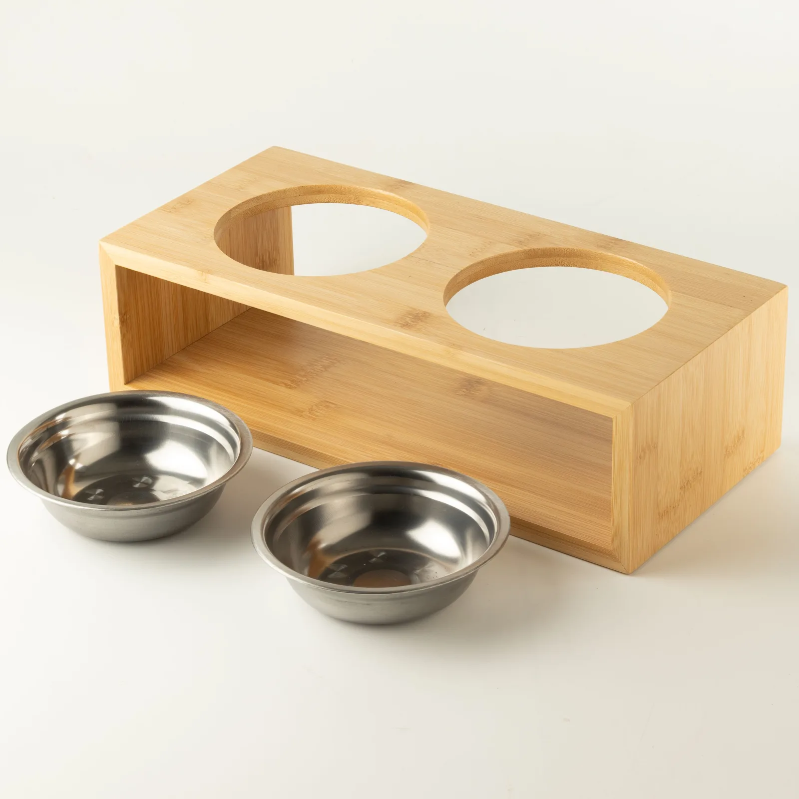 PAW Misky na krmivo - Velké dvojité nerezové misky ve dřevěném stojanu - 2×13 cm