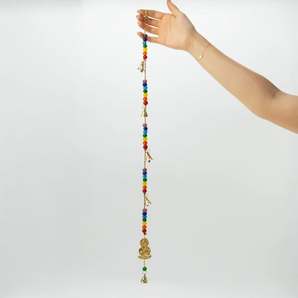 Indické Zvonkohry - Mosazní Buddha s Chakra Korálky a Zvonky - 53cm