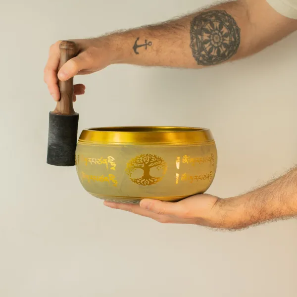 Lrg Hliníková zpívací miska - Buddha Strom života - měděná barva (19 cm)