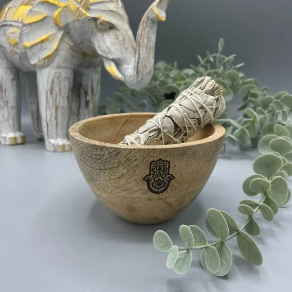 Dřevěná Rituální Miska pro Vykuřovací Svazky - Hamsa - 12x7cm