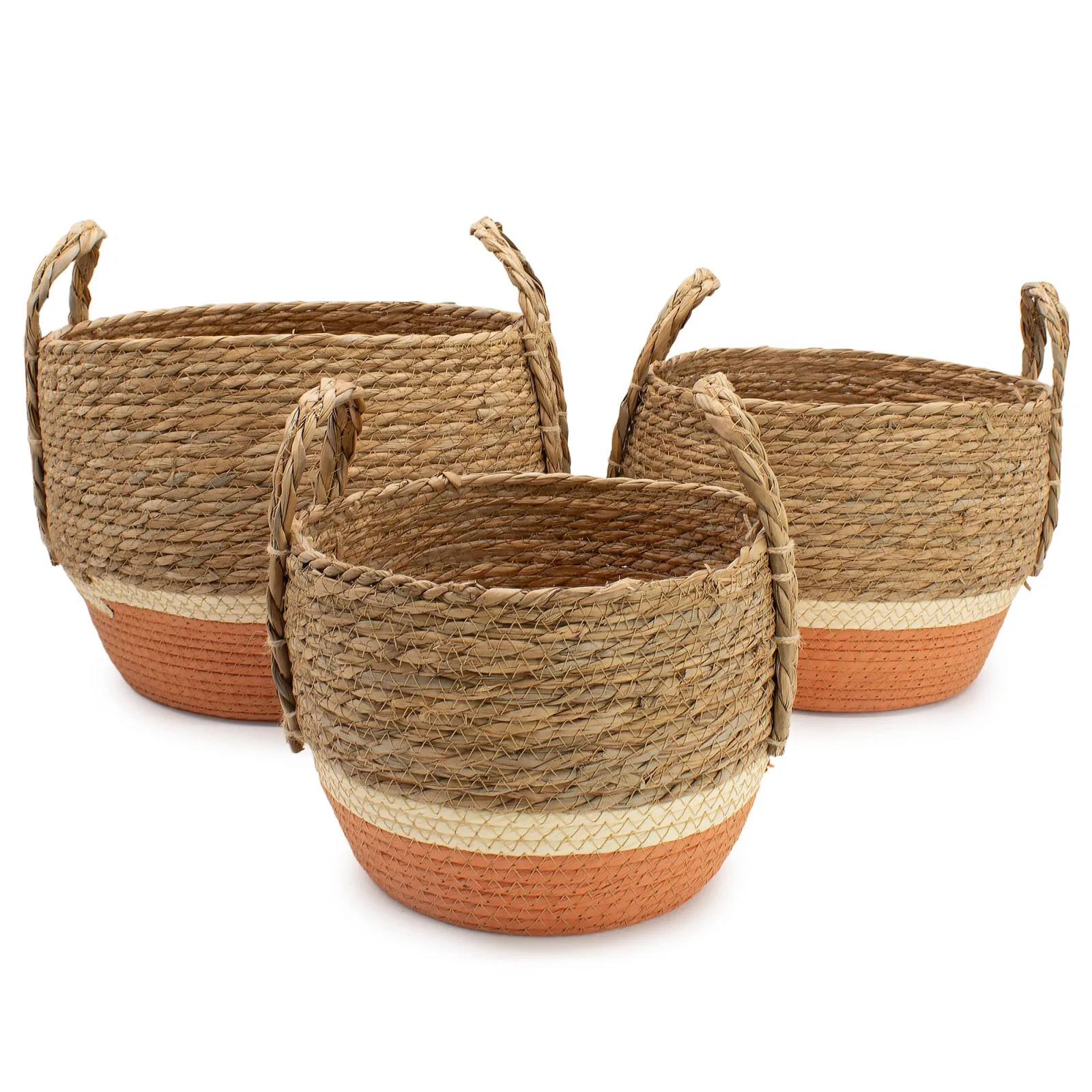 Velké košíky ze slámy a mořské trávy - přírodní a oranžové - sada 3 kusů