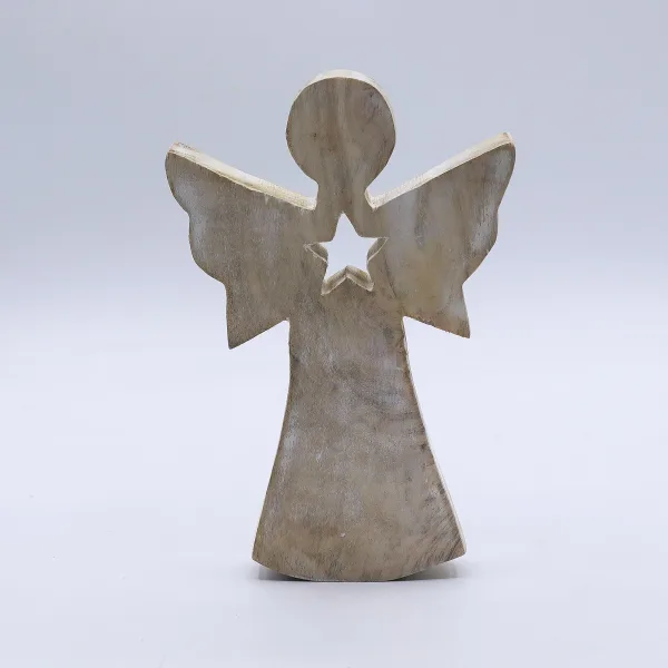 Anděl z Mangového Dřeva - Bílý Vymývaný s Výřezem Hvězdy - 18cm