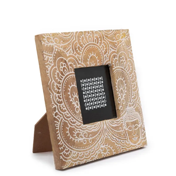Malý Rám Obrazu z Mangového Dřeva (pro 10x15cm) 20x20x2cm - Buddha - Bílý