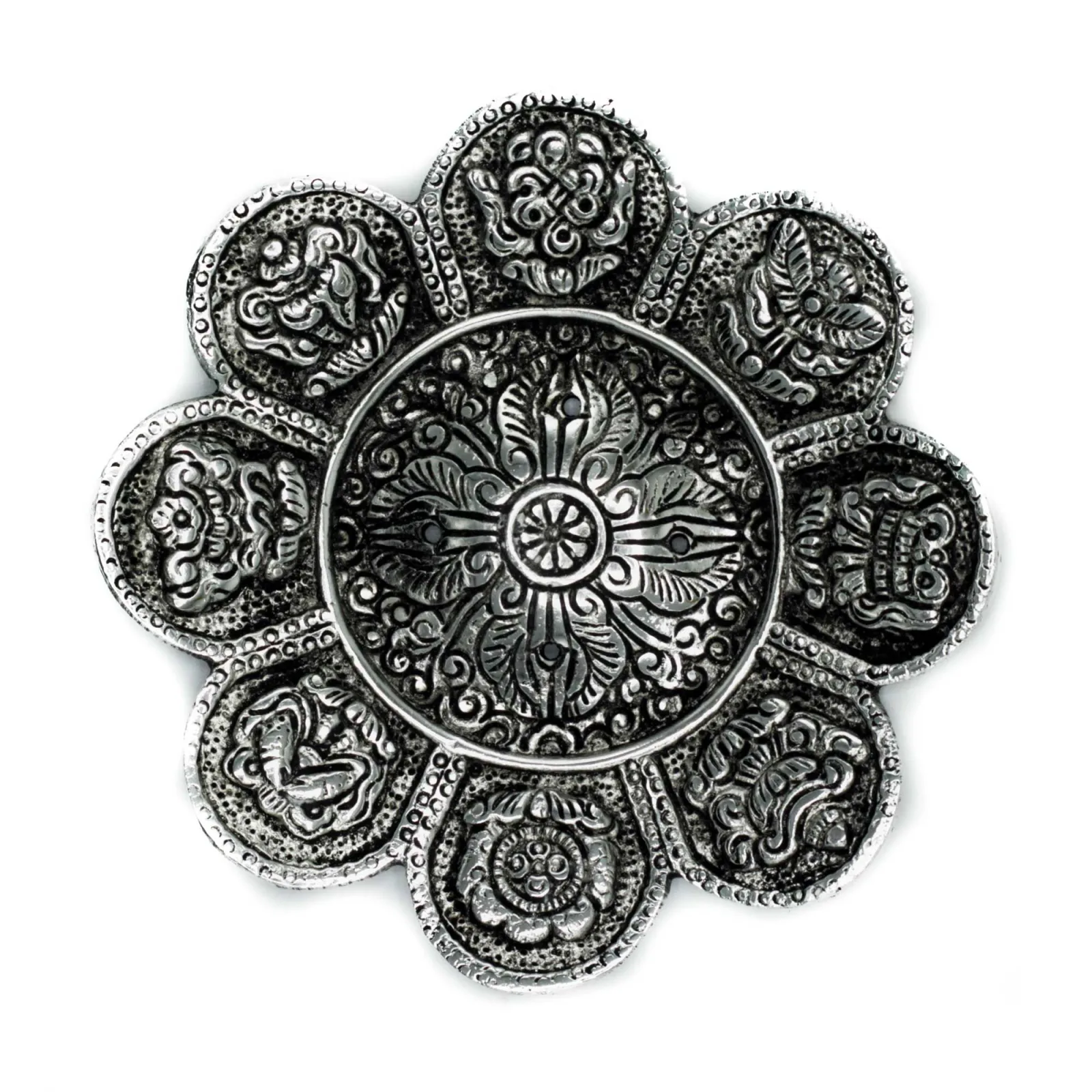 Stojan na Vonné Tyčinky z Leštěného Hliníku - Tibetské Symboly - 12cm