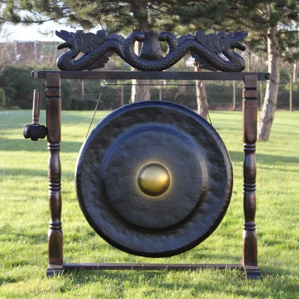 Velký Gong s Hnědým Antickým Stojanem - 80cm - Černý