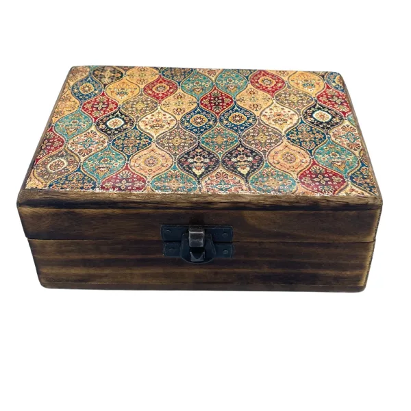 Střední Dřevěná Krabička s Keramickou Glazurou - 15x10x6cm - Orientální