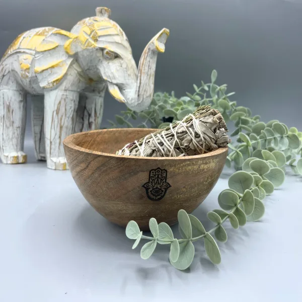 Dřevěná Rituální Miska pro Vykuřovací Svazky - Hamsa - 14x7cm