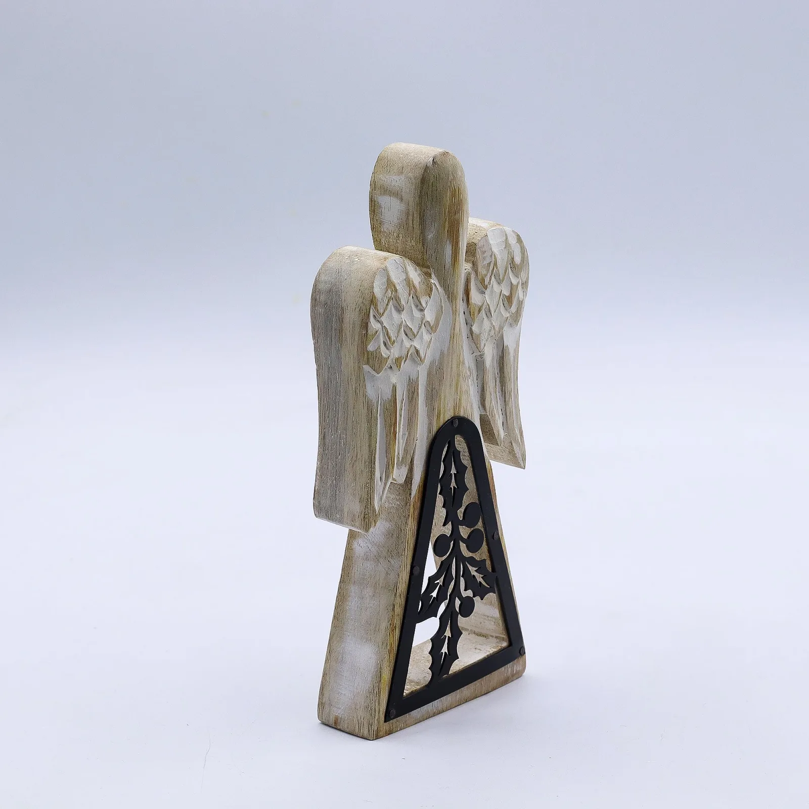 Anděl z Mangového Dřeva - Bílý Vymývaný s Kovovým Dekorem - 18cm