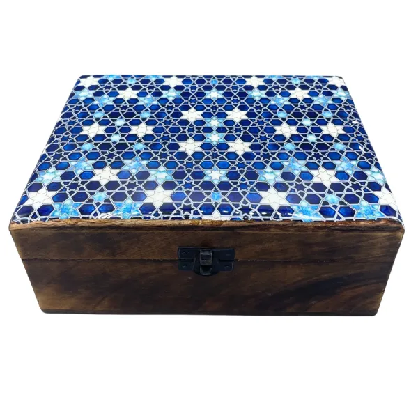 Velká Dřevěná Krabička s Keramickou Glazurou - 20x15x7.5cm - Modré Hvězdy
