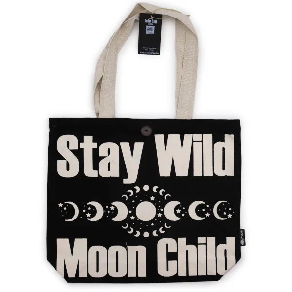 Ikonická Klasická Taška - Stay Wild, Mood Child - Černá Přírodní 10oz (36x43x10cm)