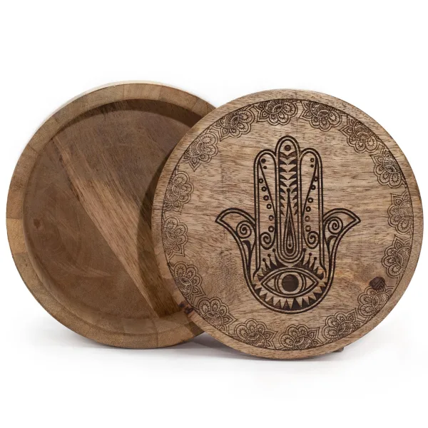 Velká Okrouhlá Krabička 17.5x7.5cm - Hamsa Černý Gravír