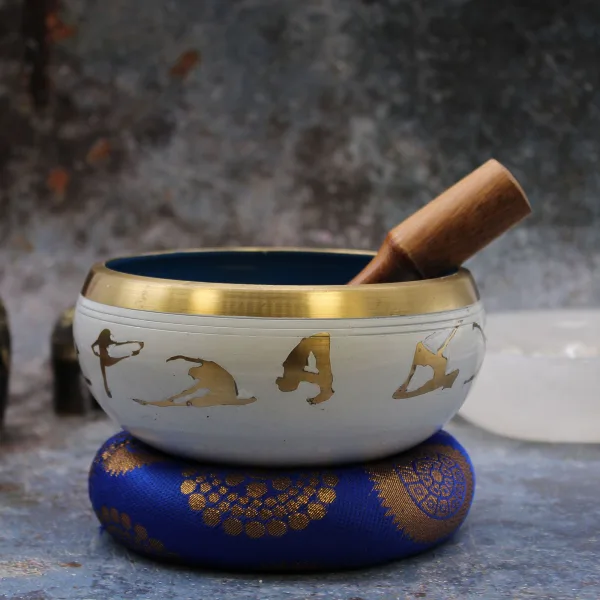 Velká Souprava Zpívajících Misek - Jógové Pozice - Bílá/Modrá 14cm
