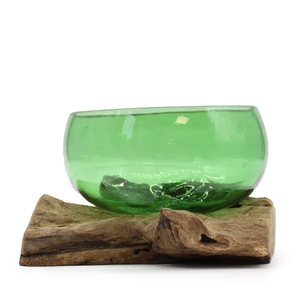 Recyklované Sklo na Dřevě - Široká Miska