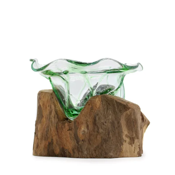 Recyklované Sklo na Dřevě - Velká Fancy Tvarovaná Miska