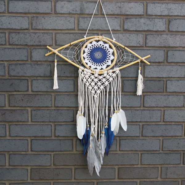 Ochranný Lapač Snů - Střední - Macramé Oko - Bílá / Modrá / Šedá